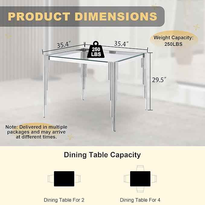 35'' Modern Square Glass Dining Table for 4 People,Tempered Glass Top Dining Room Table with Stainless Steel Base, Glass and Silver Dining Table for 4, Rectangle Dining Kitchen Table for Dinner