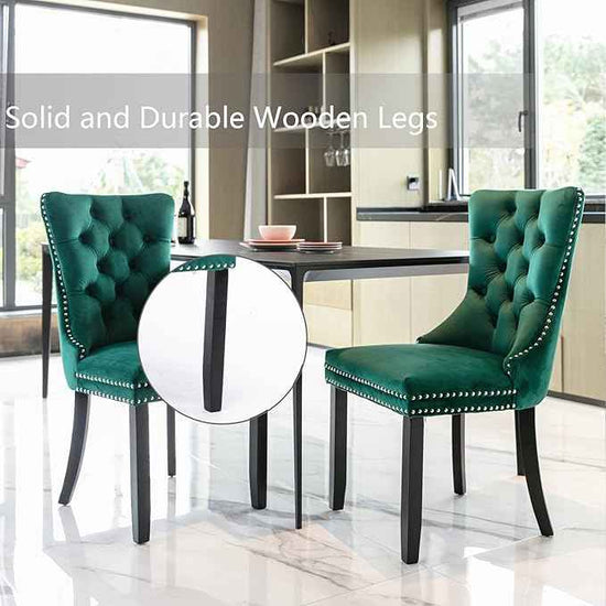 Green Velvet Dining Chairs Set of 2, Upholstered Dining Room Chairs with Back Ring Pull Trim and Solid Wood Legs, Tufted Wingback Kitchen Chairs for Dining Room,Living Room,Kitchen(Green)