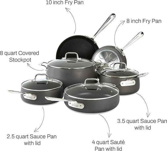 All-Clad HA1 Hard Anodized Nonstick Cookware Set 10 Piece Induction Oven Broiler Safe 500F, Lid Safe 350F Pots and Pans Black