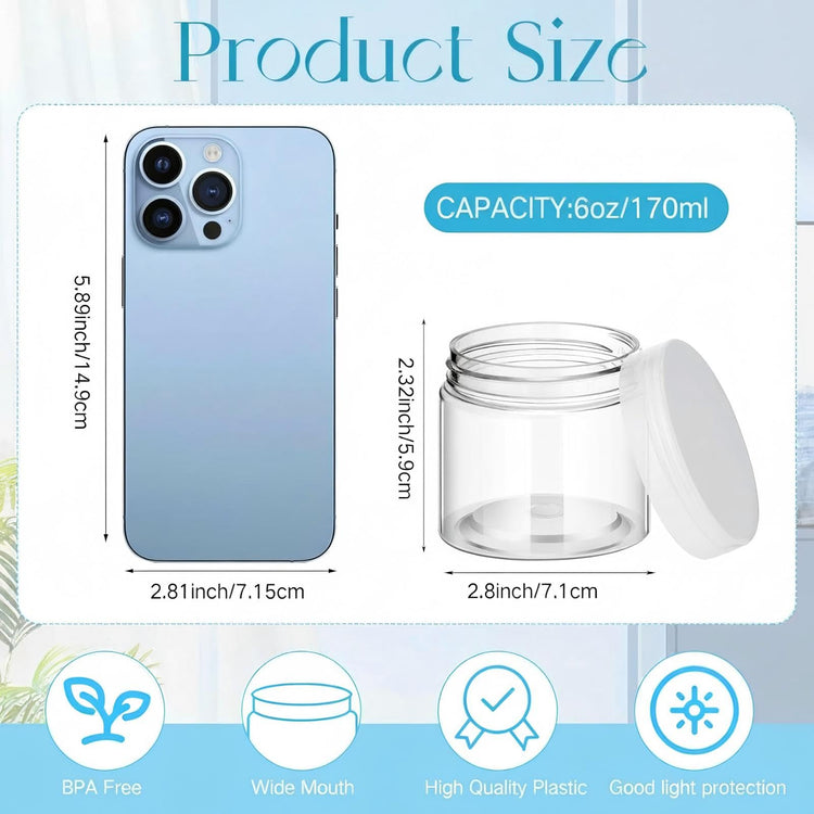 6 Pack Plastic Container with Lids Small Jars Wide Mouth Round Airtight Leak Proof Container for Travel Storage (6 Count)