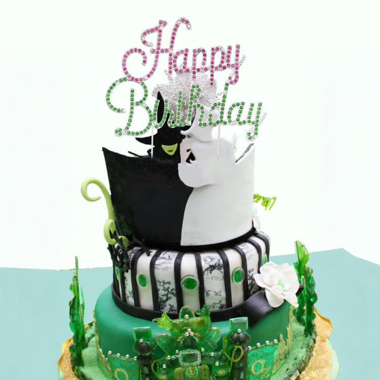 Happy Birthday Cake Topper Pink & Green Rhinestones Witch MovieThemed Cake Topper for Birthday Party Decorations