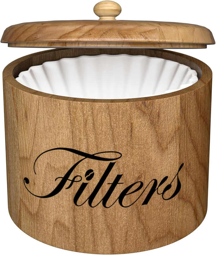 Coffee Filter Holder, Wooden Coffee Filter Storage with Lid, Round Coffee Filter Container for Counter, Rustic Coffee Bar Accessories Holder Decor (Natural)