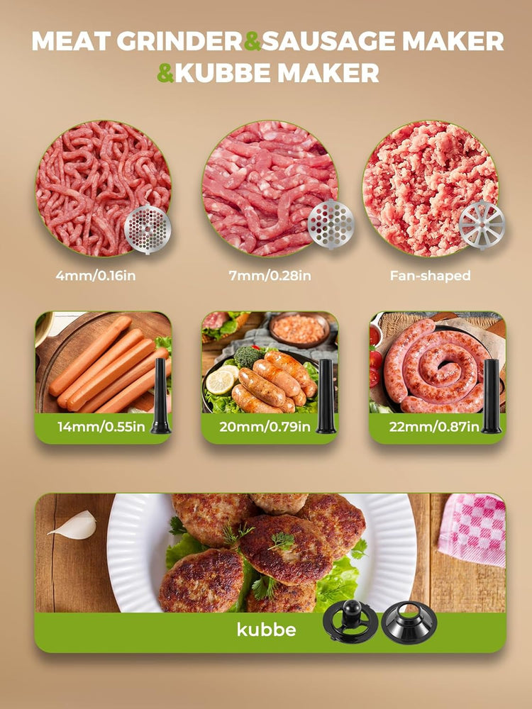 Electric Meat Grinder 3200W Multifunctional Meat Grinders Chopper Machine with Cutting Blade 3 Grinding Plates 3 Sausage Stuffers Kubbe Kit Juicer Cheese Grater Veggie Shredder Slicer