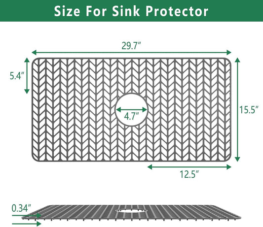 GUUKIN Sink Protectors for Kitchen Mat - 30"x 16" Silicone Kitchen Sink Mat Grid for Bottom of Farmhouse Stainless Steel Porcelain with Center Drain（Grey）