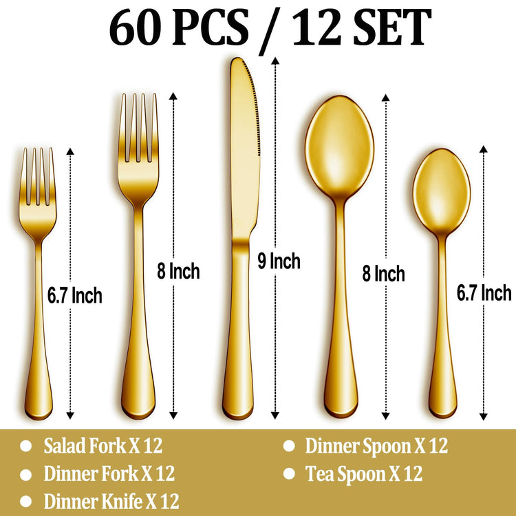 60 Pcs Gold Silverware Set Service for 12 (60 Count)