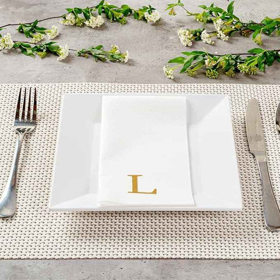 Luxenap 15.8 X 7.9 Inch Linen-Feel Guest Towels, 50 Lettered Hand Towels - Gold Letter 'L', Sans Serif Font, White Paper Dinner Napkins, airlaid, For Restrooms And Tables