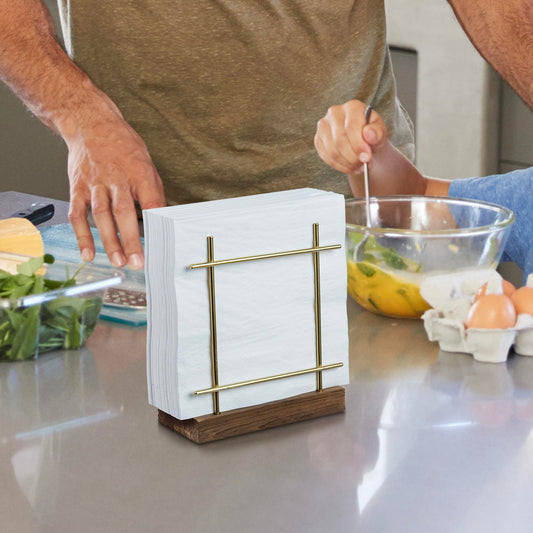 Brass Tone Wire Metal Napkin Holder With Wood Base