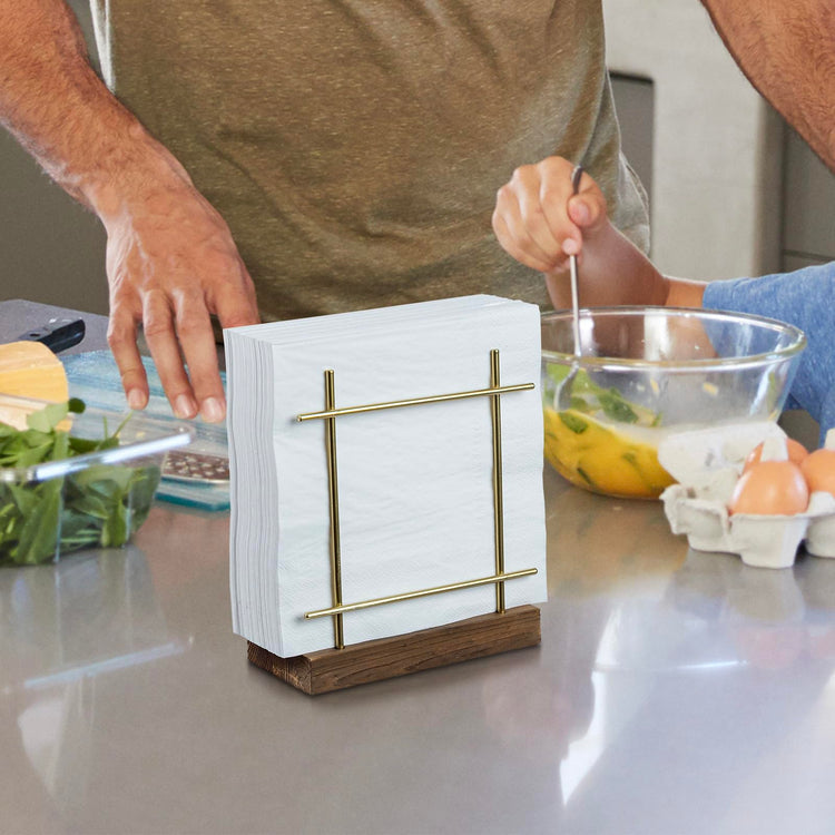 Brass Tone Wire Metal Napkin Holder With Wood Base