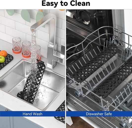 TOOVEM Kitchen Sink Mats, 2PCS Non-Slip Heat Resistant Silicone Sink Protector Mat, Folding Farmhouse Rear Drain Sink Mats (Type2: Side Drain, Black)