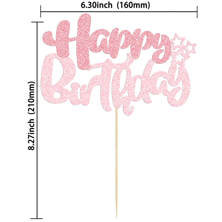 1Pcs Happy Birthday Cake Topper Glitter Happy Birthday Cake Pick Decorations for Celebrating Happy Birthday Anniversary Theme Party Cake Decorations Supplies Pink Light Pink