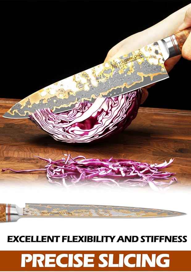 YOUSUNLONG Chef Knife - 8'' Blade Japanese Handmade Copper Damascus Steel - Professional Chef's Knife - Razor Sharp Slicing Knife - Naturel Burl Wooden Handle with Leather and Acacia Wood Box