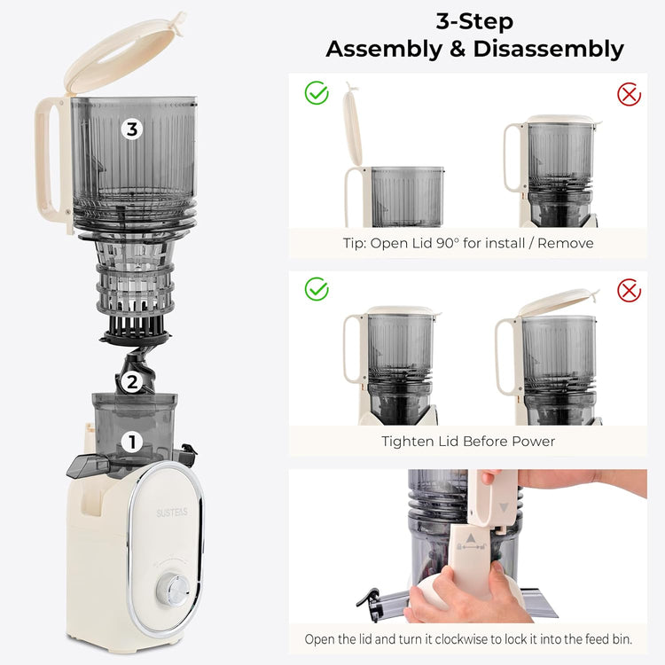 SUSTEAS Cold Press Juicer, 5.3" Feed Chute Slow Masticating Machines with 300W, Fit Whole Fruits & Vegetables, Easy to Clean, High Juice Yield, White