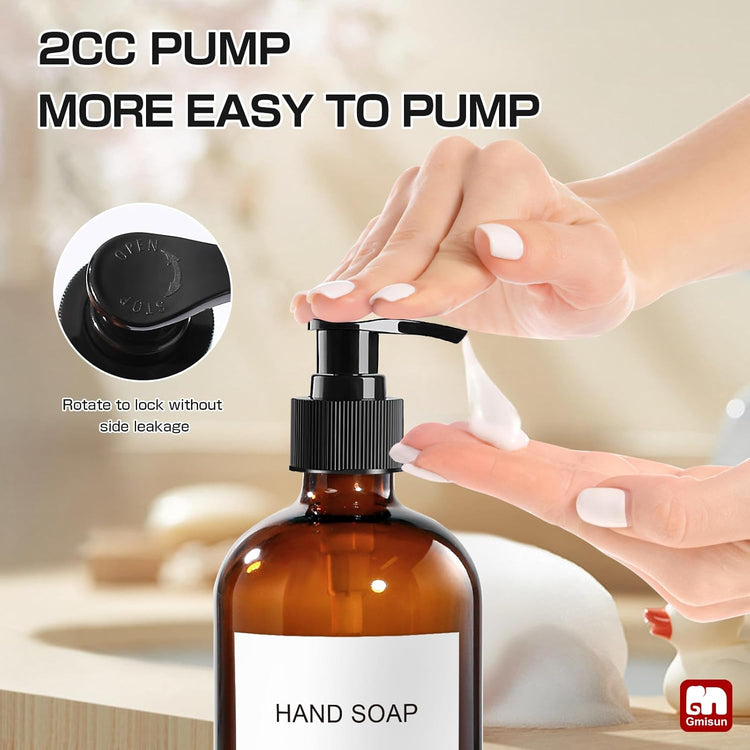 GMISUN Amber Glass Soap Dispenser, 2 Pack Bathroom Hand Soap Dispensers with Stainless Steel Pump, 17 Fl Oz Kitchen Hand and Dish Soap Dispenser Set, Modern Vintage Liquid Brown Soap Dispensers Bottle