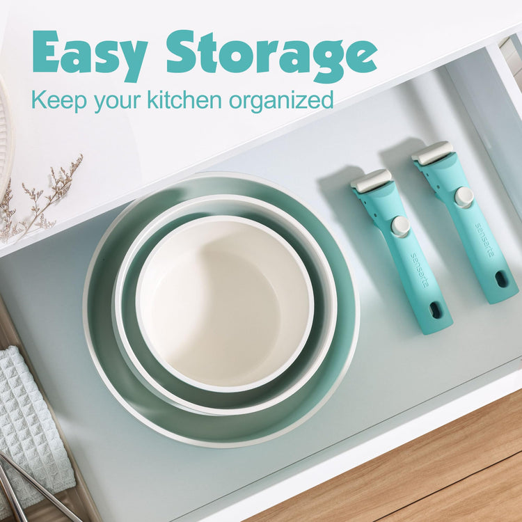 17 Piece Ceramic Detachable Handle Pots and Pans Set Turquoise