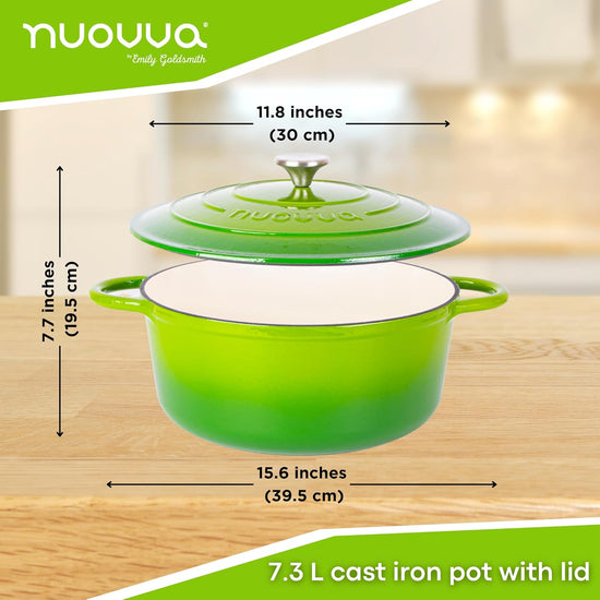 Cast Iron Dutch Oven with Lid – Non-Stick Ovenproof Enamelled Casserole Pot – Sturdy Dutch Oven Cookware – Green, 7.3-Quart, 30cm – by Nuovva - Nestoria