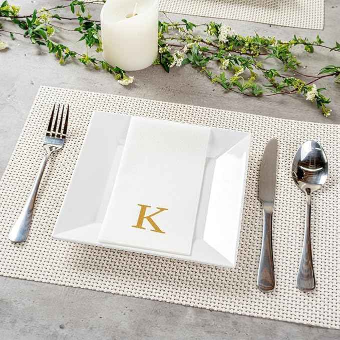 Luxenap 15.8 X 7.9 Inch Linen-Feel Guest Towels, 2000 Lettered Hand Towels - Gold Letter 'K', Sans Serif Font, White Paper Dinner Napkins, airlaid, For Restrooms And Tables