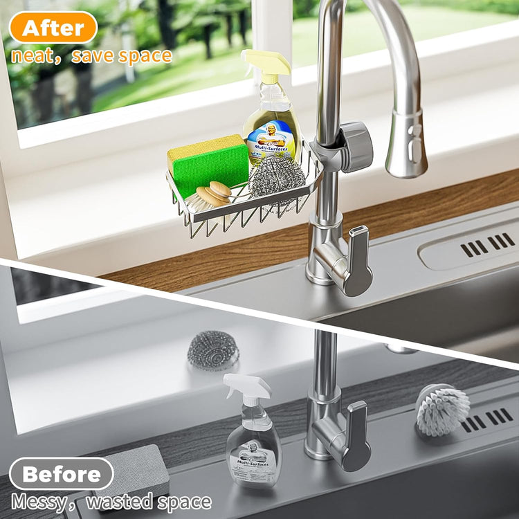 LONIN Sponge Holder Over Faucet Kitchen Sink Caddy Organizer, Stainless Steel Detachable Hanging Faucet Drain Rack for Bathroom, Scrubbers, Soap