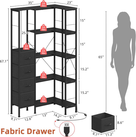 Corner Bookshelf with LED Light Strips & 4 Fabric Drawers, 5-Tier Convertible Corner Shelf with Display Shelf, Large Wood Industrial Bookcase for Living Room, Bedroom, Home Office, Black