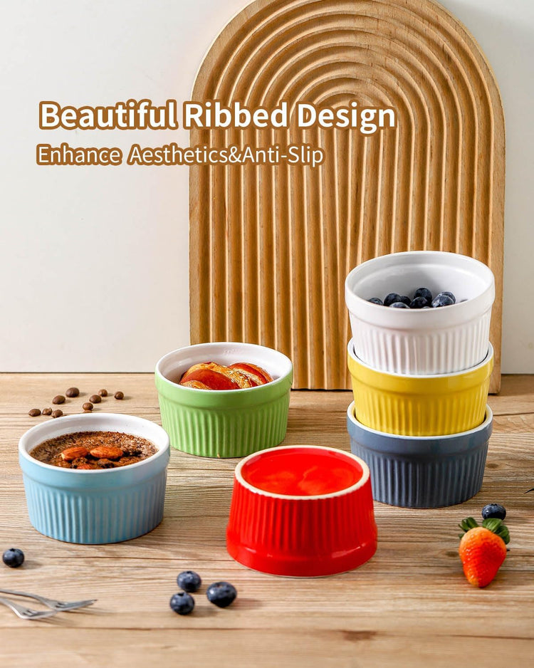 Hasense Ramekins Oven Safe, 8 oz Ramekins for Baking Souffle Set of 6, Ceramic Dipping Sauce Cups for Pudding, Ice Cream, Custard, Dessert Bowls Porcelain, Dishwasher Safe, Multi color