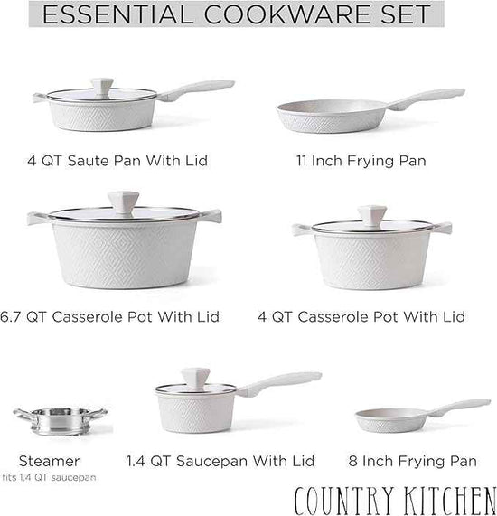 Country Kitchen Non-Stick Cast Aluminum Cookware Set - Durable Kitchen Cookware for Everyday Cooking, Cream Rhombus, 11 Pc.
