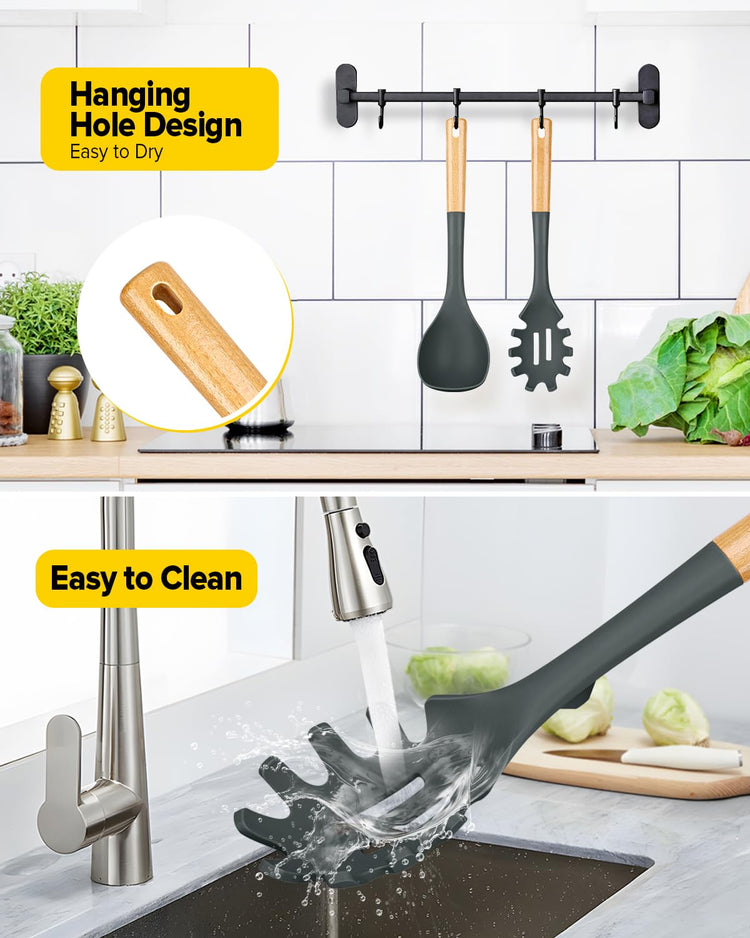 Silicone Soup Ladle and Spaghetti Spoon Set with Wooden Handle (2 Count)