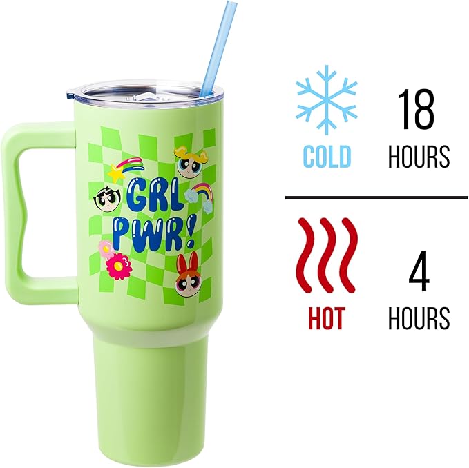 Silver Buffalo Powerpuff Girls Girl Power Groovy Retro Featuring Blossom, Bubbles, and Buttercup Double Walled Stainless Steel Tumbler with Handle and Straw, Fits in Standard Cup Holder, 40 Ounces