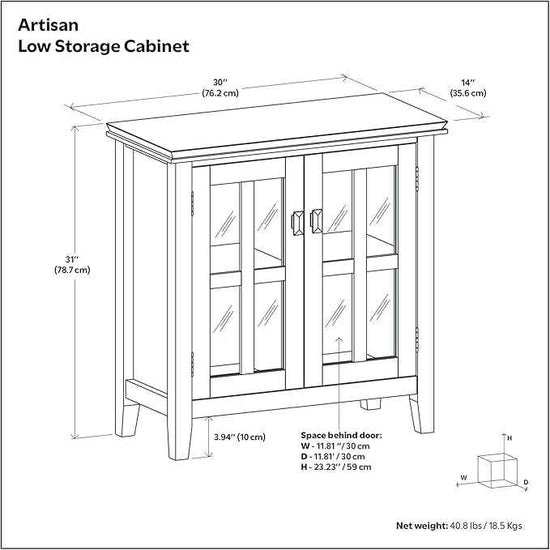 SIMPLIHOME Artisan Storage Cabinet - 30 inch Wide Solid Wood Low Storage Cabinet in White, Contemporary Accent Cabinet for Living Room or Dining Room with Glass Doors and Adjustable Shelves