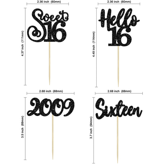 24Pcs Happy 16th Birthday Cupcake Toppers Glitter Hello 16 Sweet 16 Cupcake Picks 2009 Sixteen Old Birthday Cake Decorations for 16th Birthday Anniversary Party Supplies Black (24 Count)