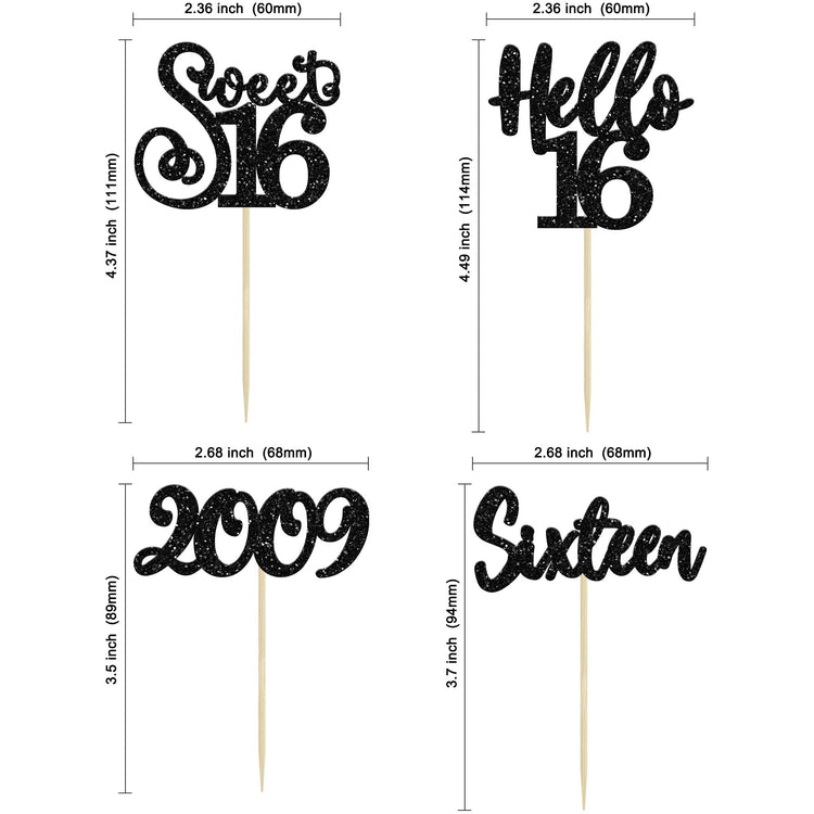 24Pcs Happy 16th Birthday Cupcake Toppers Glitter Hello 16 Sweet 16 Cupcake Picks 2009 Sixteen Old Birthday Cake Decorations for 16th Birthday Anniversary Party Supplies Black (24 Count)