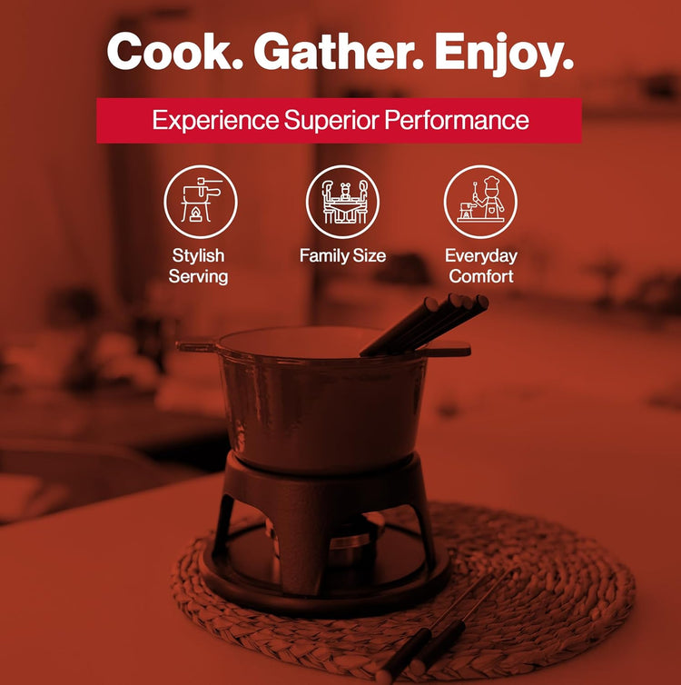 Swissmar Sierra Cast Iron Fondue Set, 1.6 Quart / 1.6 Liter – Perfect for Meat, Cheese, & Chocolate Fondues – Ideal for Family Bonding & Hosting Gifts - 12-Pieces, Cherry Red