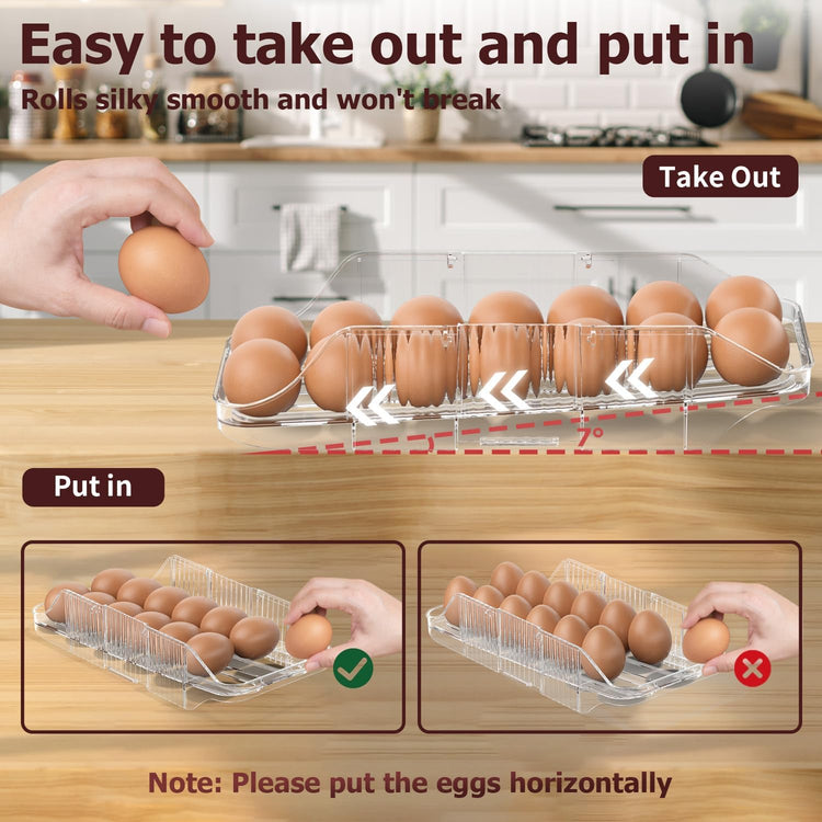 Automatic Rolling Egg Holder for Fridge, Clear Plastic Egg Organizer with Handle for Refrigerator, Egg Container for Kitchen Storage, 2 Row 2 layers