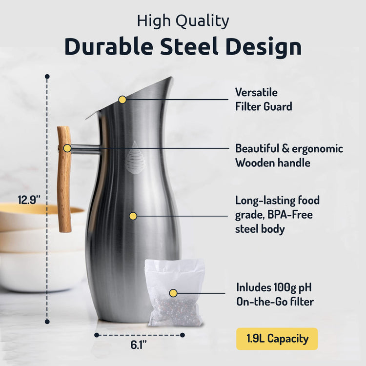 pH Vitality Alkaline Water Filter Pitcher for Drinking Water Stainless Steel