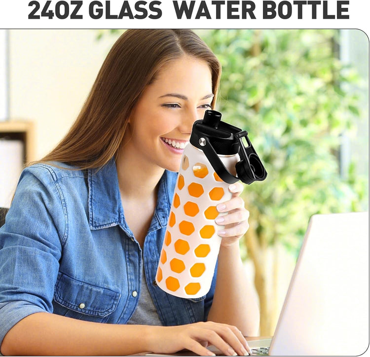MUKOKO Glass Water Bottles, 24oz Glass Tumbler with Straw, Drinking Bottles with 2 Lids-Handle Spout Lid&Bamboo Straw Lid, Motivational Water Bottle with Time Marker and Silicone Sleeve, 1 Pack-White
