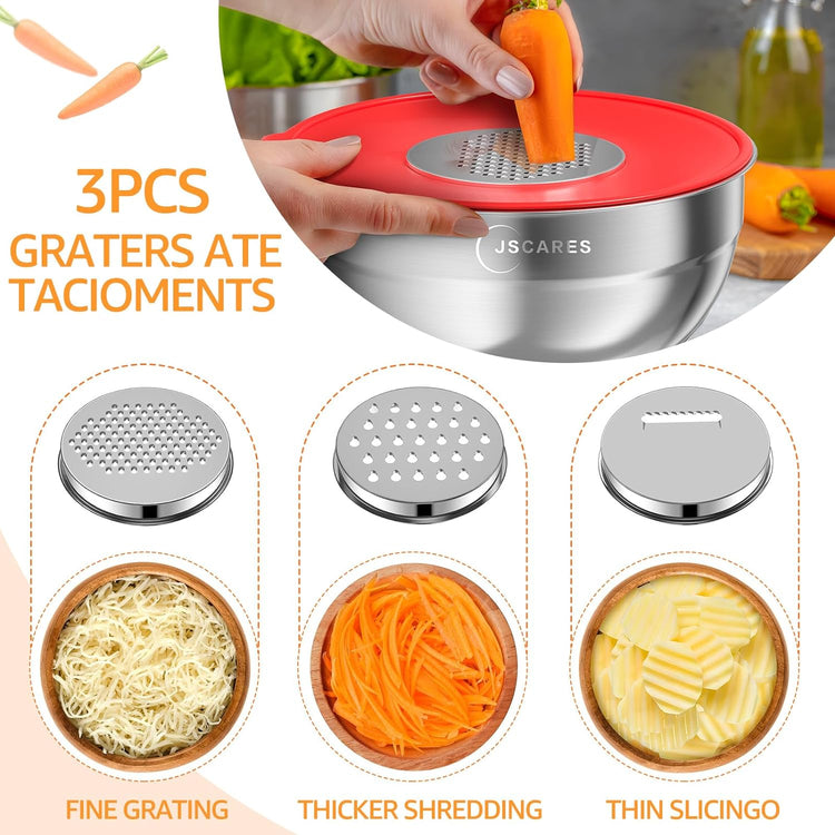 Mixing Bowls with Colorful Airtight Lids, 6 Piece Stainless Steel Metal Bowls with 3 Grater Attachments, Size 4.5, 3.5, 2.1, 1.5, 1.1, 0.7 QT