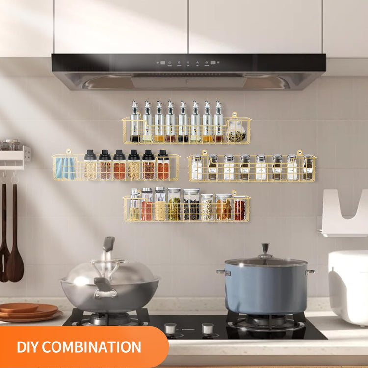 Spice Rack, 4-Pack Seasoning Organizer Wall Mount for Kitchen Storage Organization, Spice Holder Shelf Saving Space for Cabinet, RV, Pantry, Gold (4 Count)