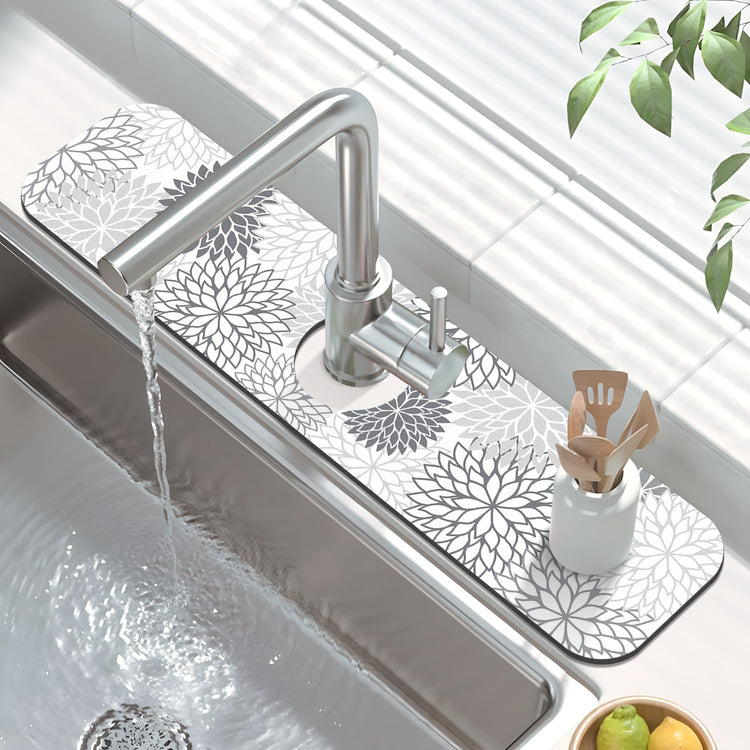 Findosom 2PCS 17" x 32" Dish Drying Mat & 24" x 5.5" Sink Splash Guard, Super Absorbent & Cuttable Dish Mat Drying Kitchen Mat with Gray Floral, Hide Stain Drying Mat for Kitchen Counter