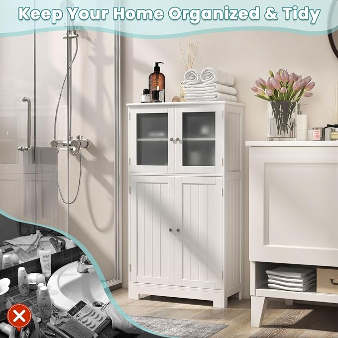 COSTWAY Bathroom Storage Cabinet, Wooden Linen Storage Organizer Cupboard with Doors & Adjustable Shelf, Freestanding Floor Cabinet for Living Room, Kitchen, Entryway, Office (White)