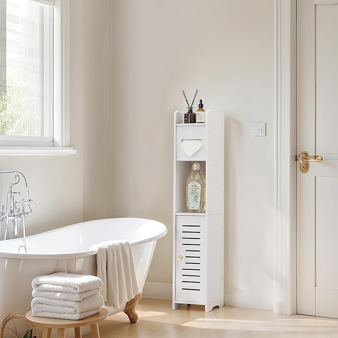 VECELO Storage Cabinet for Small Spaces,Skinny Toilet Paper Holder Stand with Anti-Drop Fence and Roller Storage, White