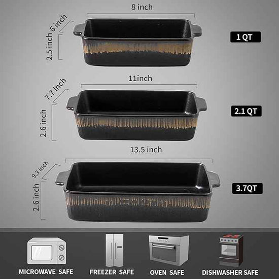 KOOV Bakeware Set, Ceramic Baking Dish, Rectangular Baking Pans Set, Casserole Dish for Cooking, Cake Dinner, Kitchen 9 x 13 Inches, 3-Piece, Stripe Series (Rough Black)