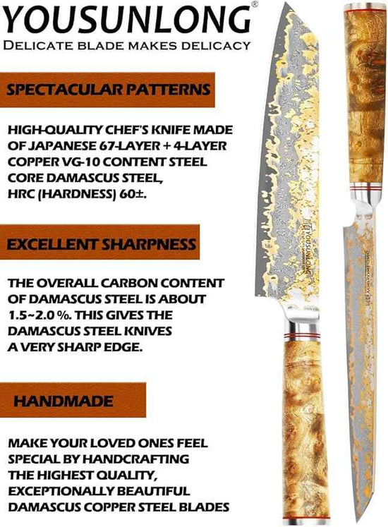 YOUSUNLONG Kiritsuke Chef Knife - 8 Inch Japanese Copper Damascus Steel Blade - Razor Sharp Kitchen Knives - Handmade Cooking Knife - Naturel Burl Wooden Handle with Leather