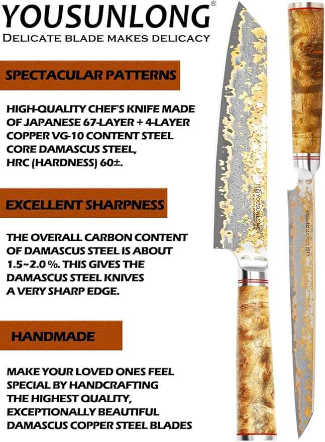 YOUSUNLONG Kiritsuke Chef Knife - 8 Inch Japanese Copper Damascus Steel Blade - Razor Sharp Kitchen Knives - Handmade Cooking Knife - Naturel Burl Wooden Handle with Leather