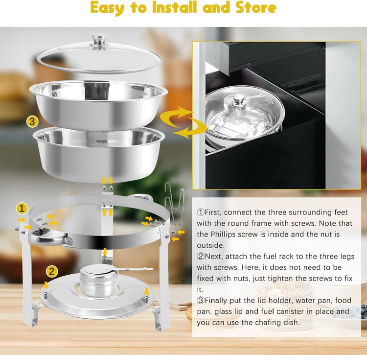 Chafing Dish Buffet Set 6 Packs, 5 QT Stainless Steel Round Chafing Dishes with Glass Lid & Lid Holder, Food Warmer For Parties Buffet Weddings Catering Events