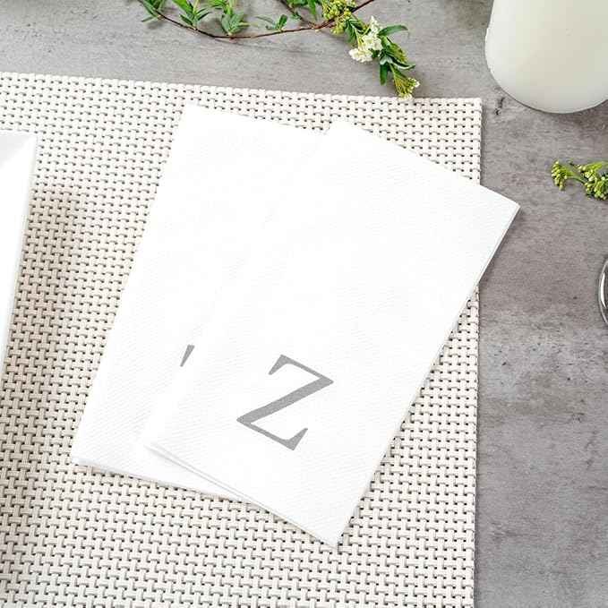 Luxenap 15.8 X 7.9 Inch Linen-Feel Guest Towels, 2000 Lettered Hand Towels - Silver Letter 'Z', Sans Serif Font, White Paper Dinner Napkins, airlaid, For Restrooms And Tables - Restaurantware