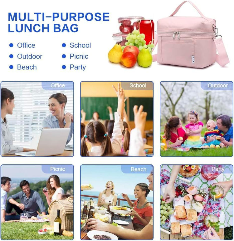 NOL Natural Organic Lifestyle Insulated Lunch Bags for Women Cooler Bag Lightweight Nylon Waterproof Lunch Box For Work (Medium, Pink)