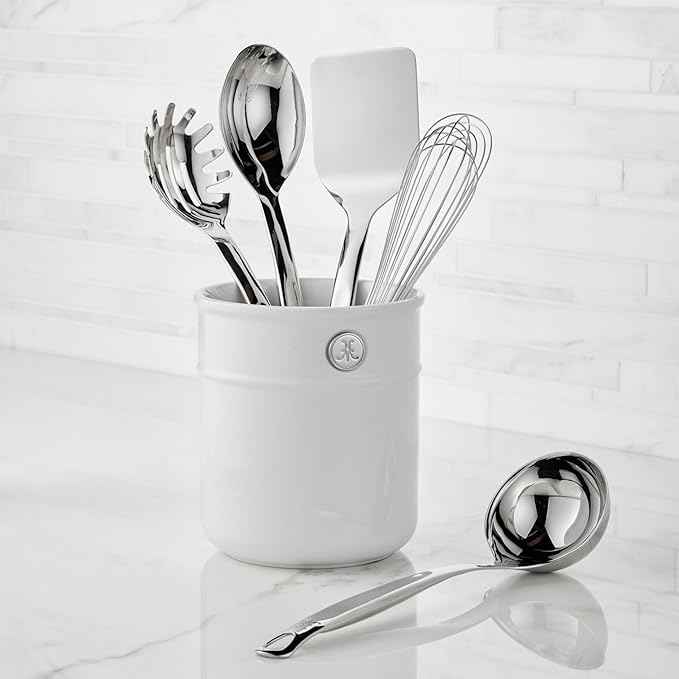 Hestan Provisions Chef's Tools, Deluxe Tool Set (6-Piece) with Porcelain Holder/Bain Marie & Stainless Steel: Solid Spoon, Ladle, Pasta Fork, Turner/Spatula, French Whisk