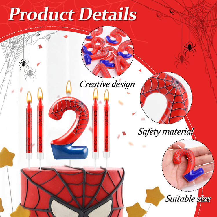 13 Pcs Spider Themed Birthday Candle Set Red Spider Theme Number 2 Candle Cake Topper for Boys Girls Birthday Decoration Spider Party Decoration Supplies (13 Count)