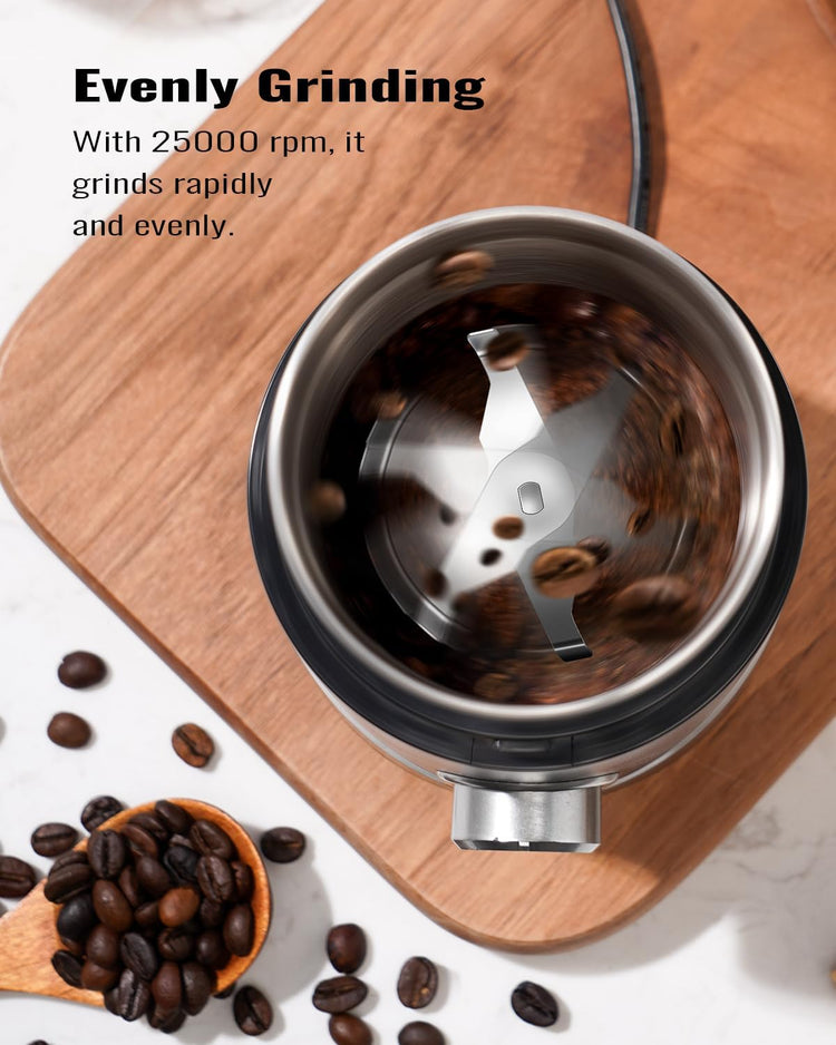 Electric Coffee Grinder with Timing Knob, Electric Quiet Grinder, High-Speed Bean and Spice Grinder with Removable Stainless Steel Bowl, Black