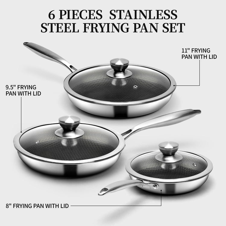 6 Pieces Stainless Steel Frying Pan Set with Lids (6 Count)