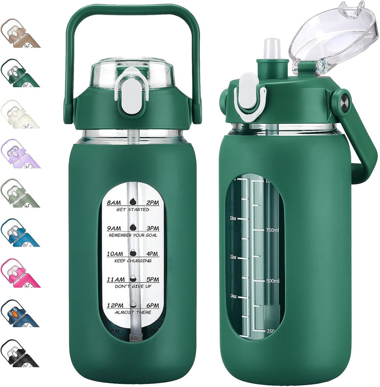 kytffu 42oz Glass Water Bottles with Straw, Motivational Glass Bottle with Silicone Sleeve and Time Marker, Leakproof Large Glass Water Jug for Gym Home Office, Ink green