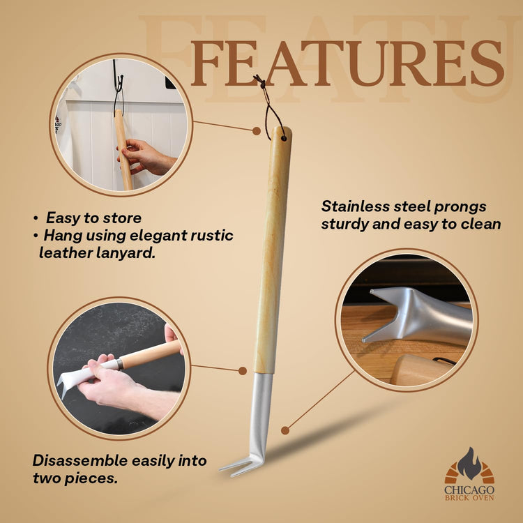 Pizza Bubble Popper Spinner Turning Fork Aluminum 17.5 inch with Wooden Handle and Leather Strap